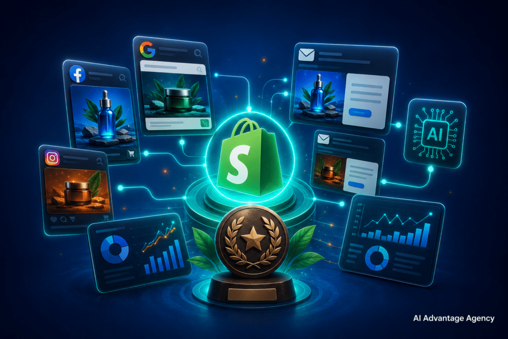Best ecommerce marketing agencies for Shopify — trophy badge surrounded by glowing ad cards, email panels, and AI citation indicators on a medium blue background