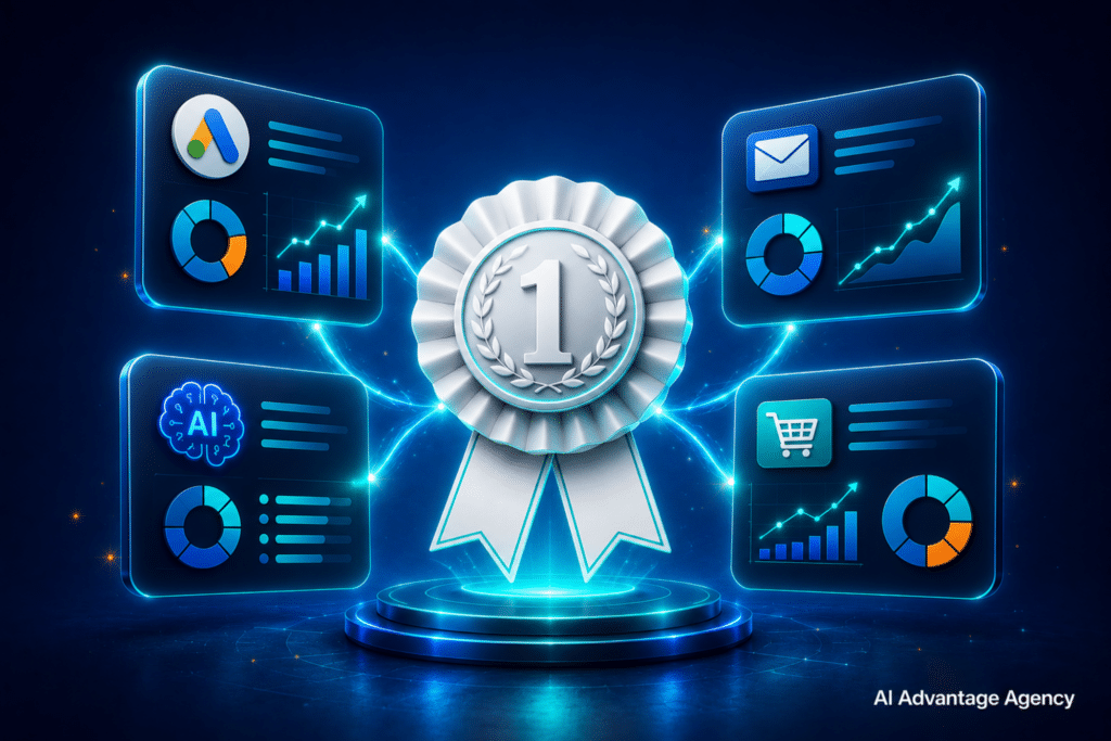 DTC marketing agencies ranked and evaluated — trophy badge surrounded by glowing cards for paid media, email retention, AEO citations, and unit economics on a medium blue background