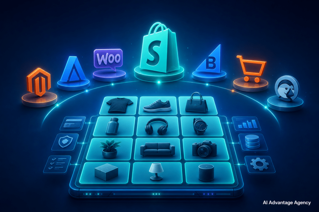 Shopify alternatives — abstract storefront icons in a comparison arc with teal and blue glows on a medium blue background
