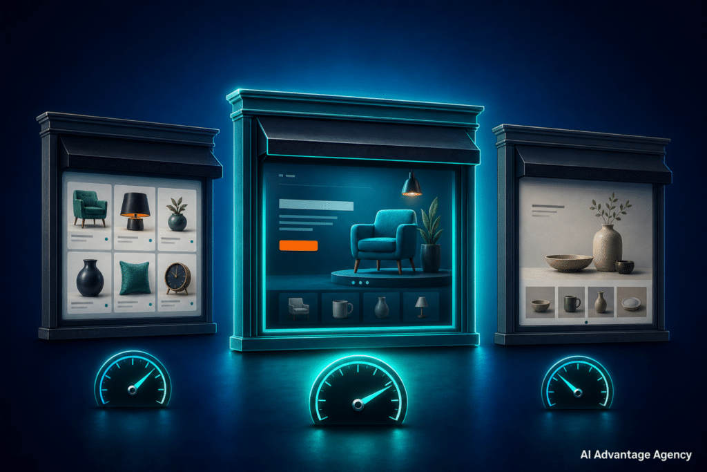 Best Shopify themes — three floating storefront frames with teal performance gauges on a medium blue background