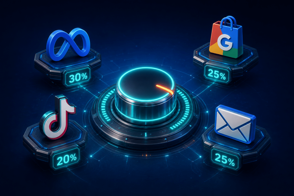 Black Friday ad budget allocation across Meta, Google, TikTok, and email — glowing dial and platform icons on a deep blue background
