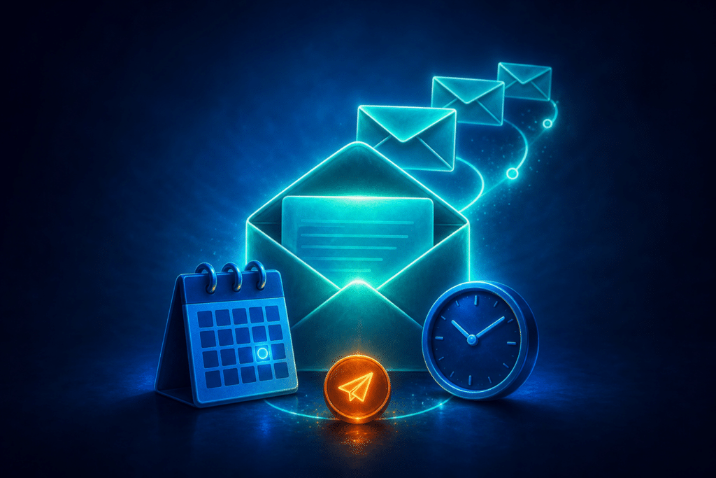 Black Friday email strategy showing a sequenced cascade of email envelopes with calendar and clock icons on a glowing deep blue background