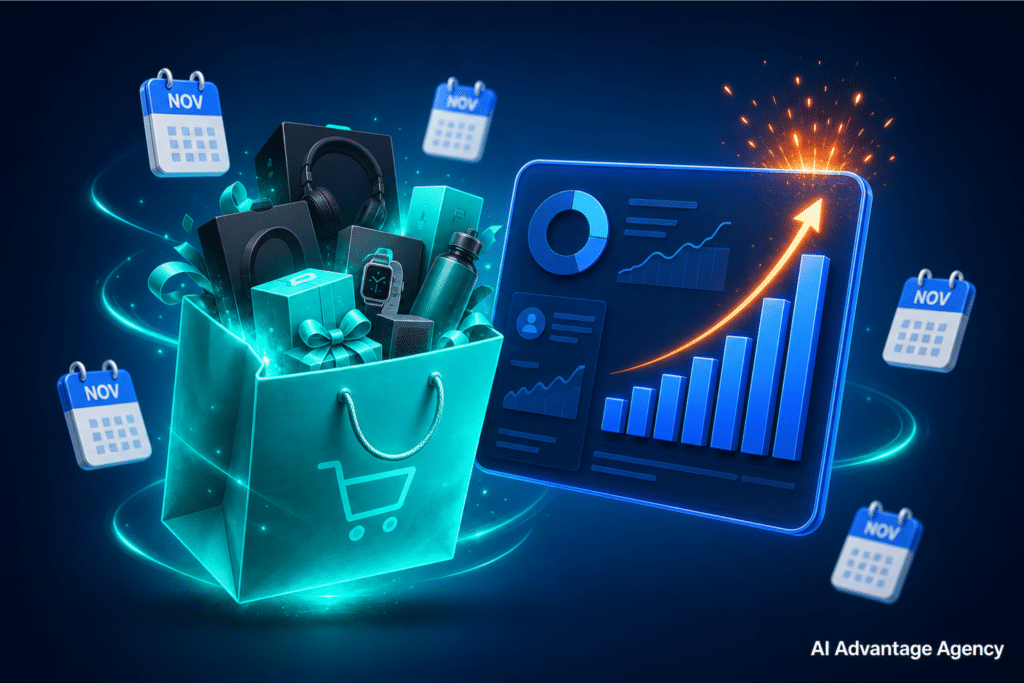 Black Friday Microsoft Ads — a glowing shopping bag with product boxes beside a campaign performance dashboard representing BFCM Microsoft Ads strategy for ecommerce brands