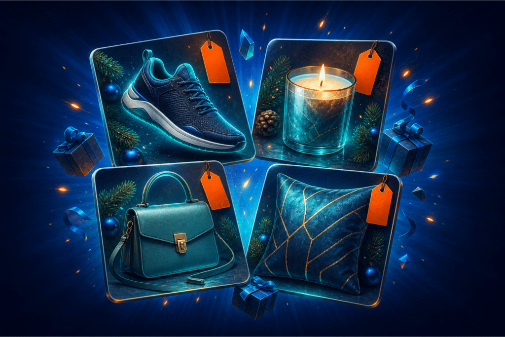 Black Friday Pinterest ads — grid of product pin cards showing a shoe, candle, handbag, and throw pillow with teal glow and orange accents on a blue background