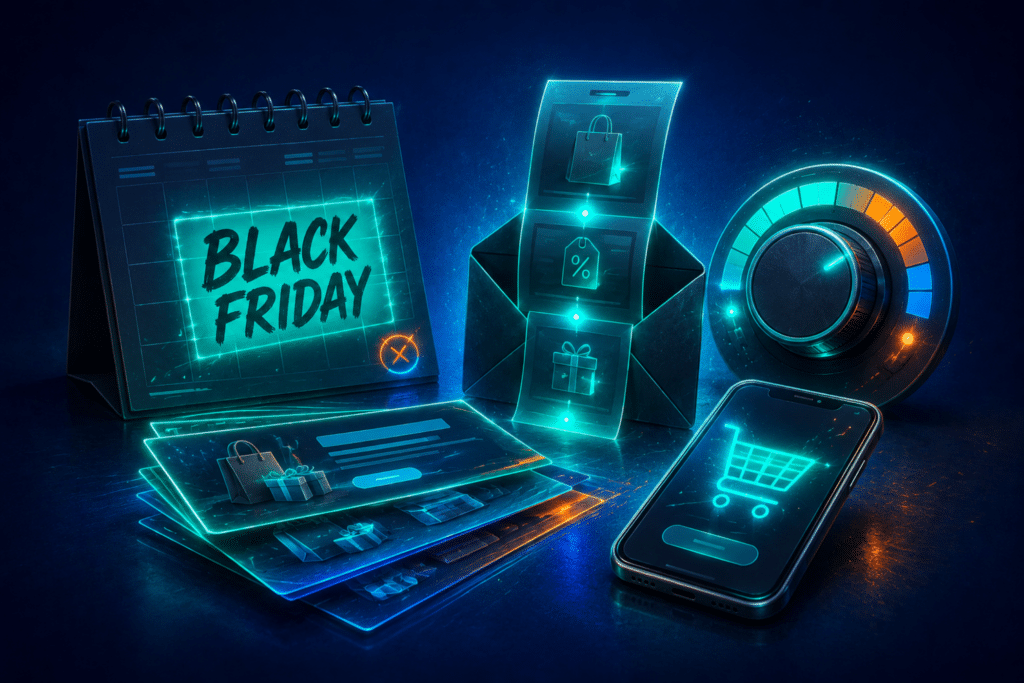 Black Friday strategy for ecommerce — calendar page, ad creative cards, email envelope, budget dial, and mobile shopping cart on a glowing blue background