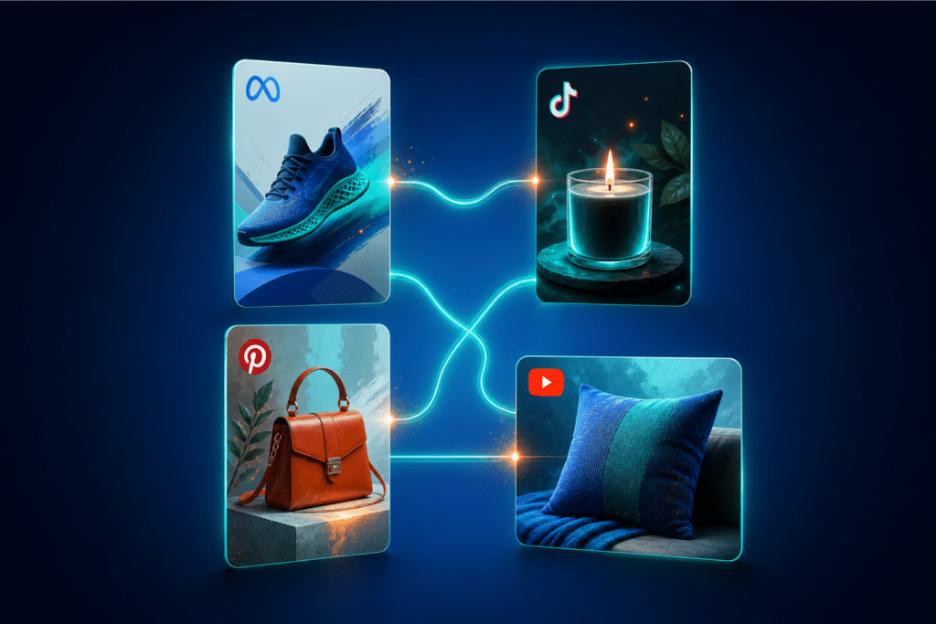 Cross-platform paid social creative — four product ad cards for a shoe, candle, handbag, and throw pillow connected by glowing teal lines on a blue background
