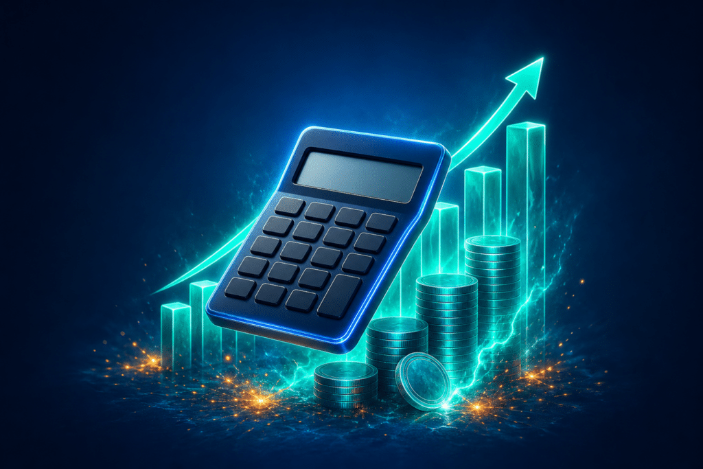 Customer LTV for ecommerce — illustrated calculator with glowing revenue bars and coin stacks on a medium blue background