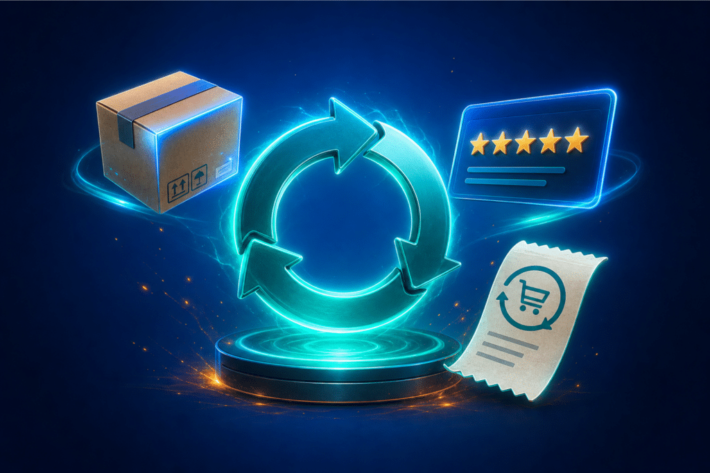 Customer retention for ecommerce — circular retention loop with glowing shipping box, review card, and receipt on a medium blue background