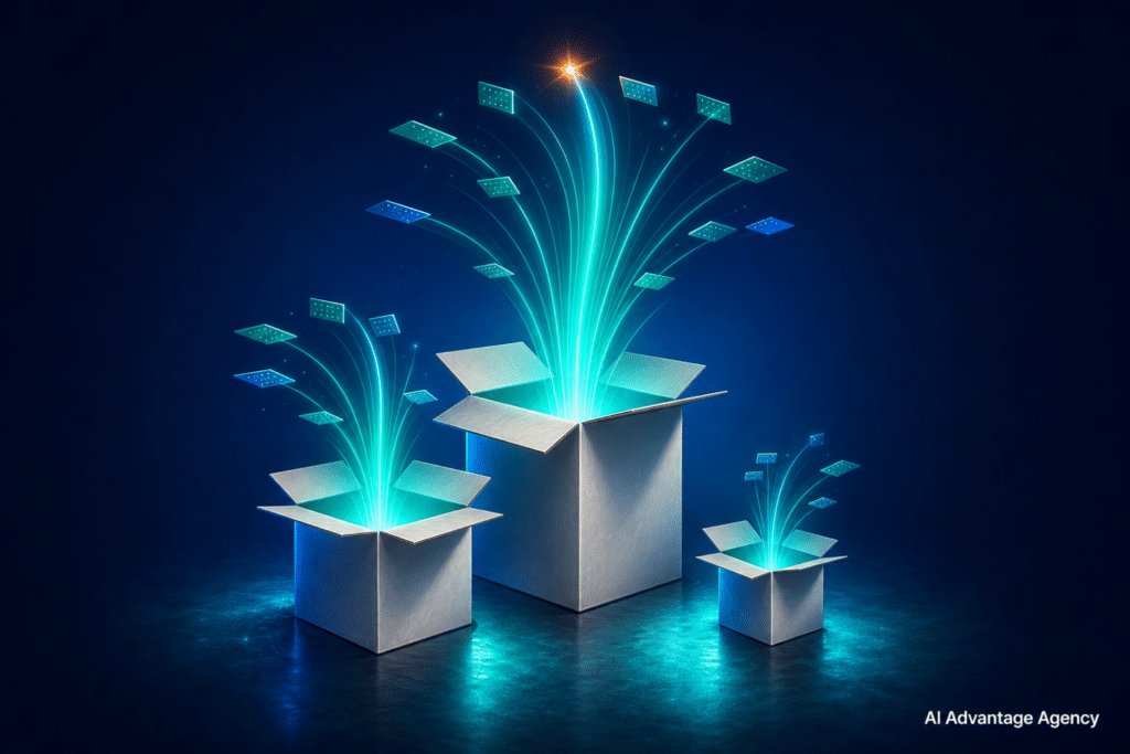Ecommerce AI search benchmarks — three open shipping boxes emitting teal signal beams of varying heights on a blue gradient background