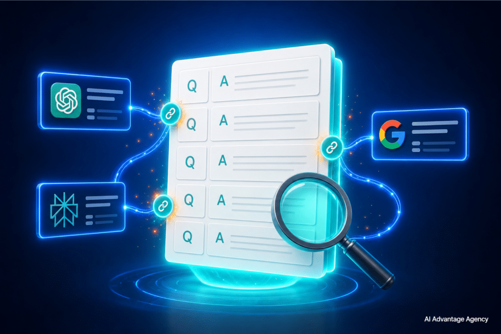 FAQ pages for AEO — a glowing structured Q&A document panel connected to AI engine citation badges representing optimized FAQ content for ChatGPT, Perplexity, and Google AI Overviews