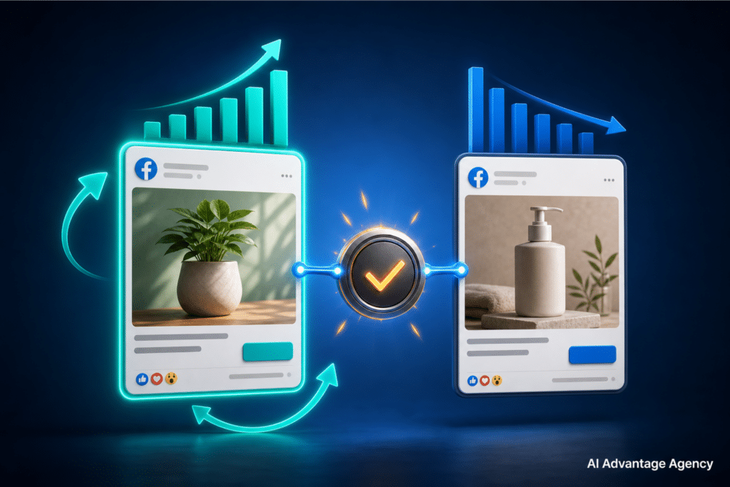 Facebook Ads creative testing — two ad creative cards with performance bars and a decision node representing a structured creative testing framework for ecommerce Facebook advertising