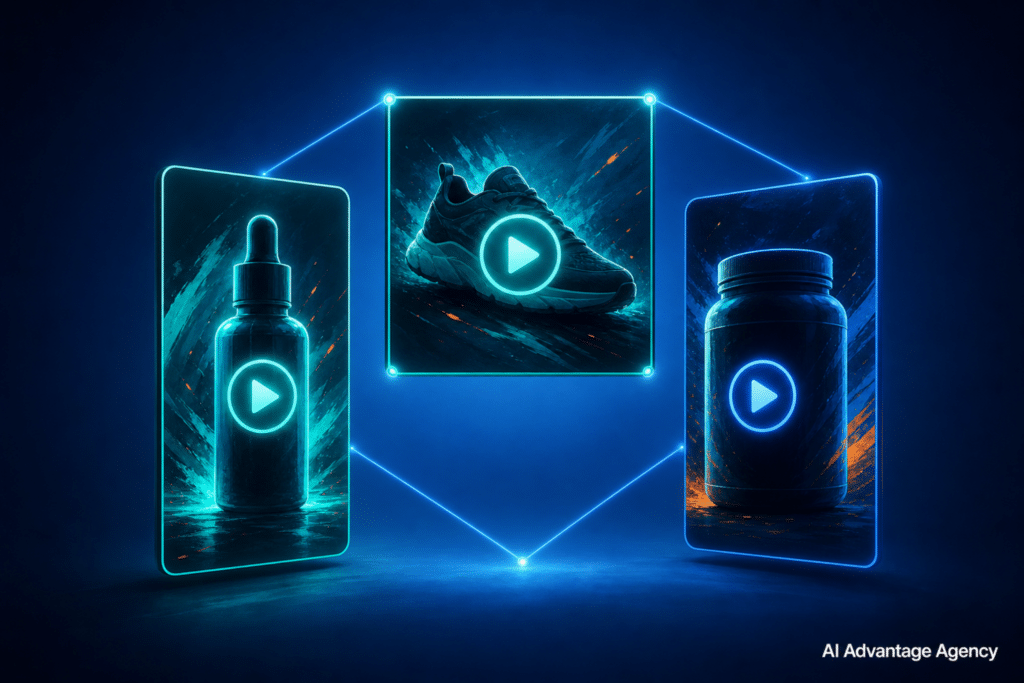 Facebook video ad specs 2026 — three video format panels at 9:16, 4:5, and 1:1 showing product silhouettes connected by data lines on a medium blue background