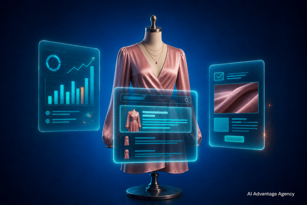 Fashion commerce marketing agency — clothing rack with glowing paid media, AEO content, and email campaign panels on a medium blue background