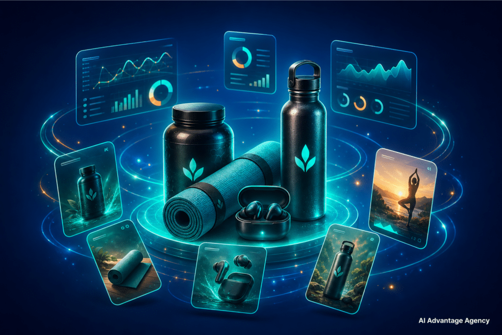 Wellness ecommerce marketing — glowing supplement bottle, yoga mat, water bottle, and earbuds with floating ad panels on a medium blue background