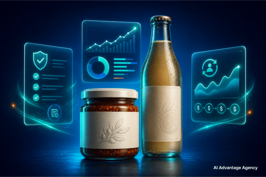 Food and beverage ecommerce marketing — artisan food jar and beverage bottle with glowing compliance, paid media, and subscription retention panels on a medium blue background