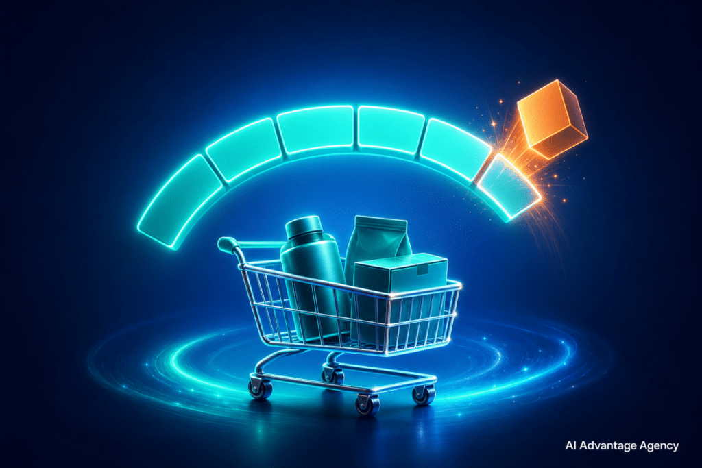 Free shipping threshold strategy shown as a near-full progress bar with a cart and an item rising to complete it on a medium blue background