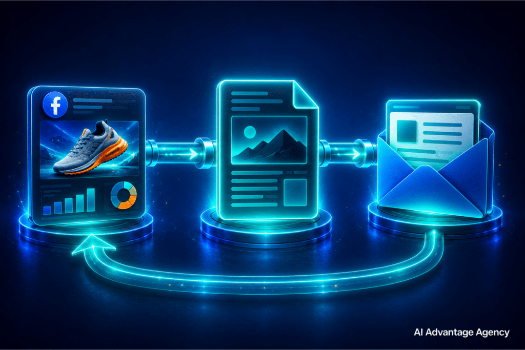 Full-funnel ecommerce strategy — glowing paid ad card, AEO content document, and email envelope connected by teal pipeline with directional energy flow on a medium blue background