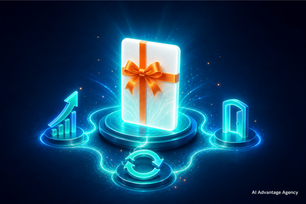 Gift cards for ecommerce shown as a glowing gift card linked to revenue, acquisition, and retention icons on a medium blue background