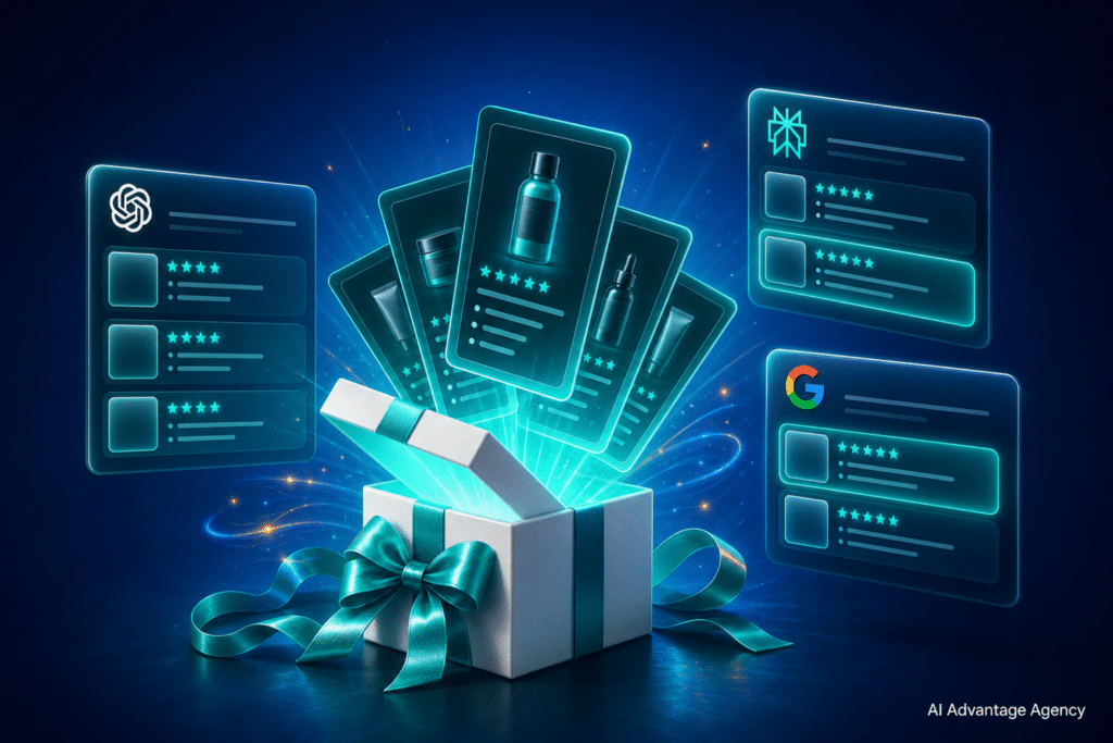 gift guides — open gift box with glowing teal product cards and AI engine recommendation panels on a medium blue background