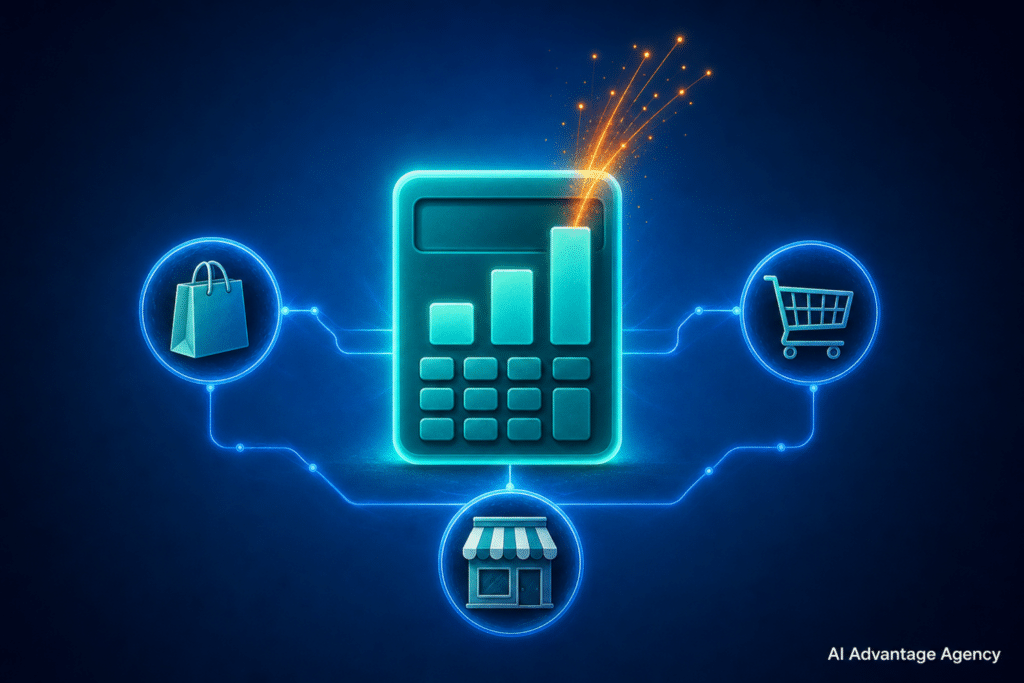 Google Ads budget for ecommerce — ascending bar chart with three budget tiers connected to ecommerce product icons on a medium blue background