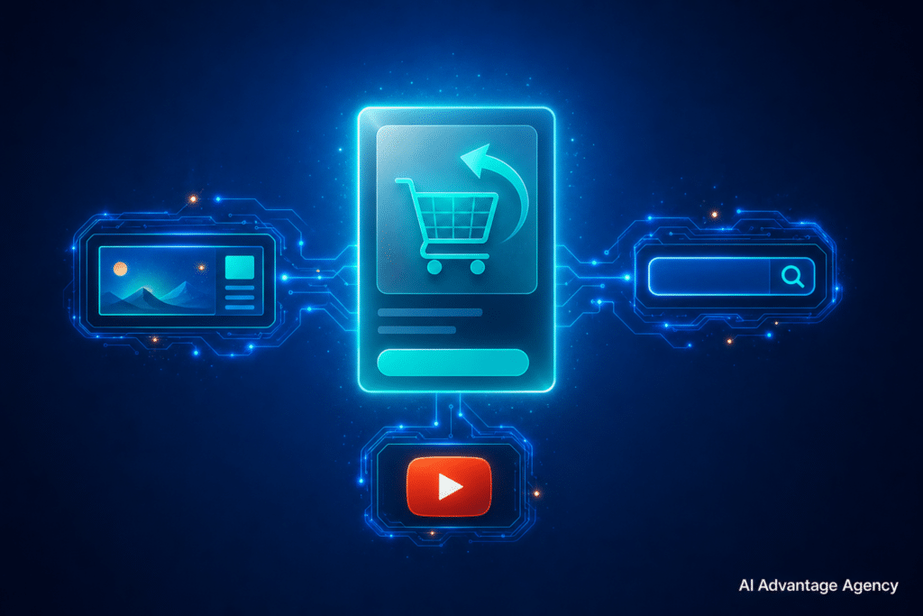 Google Ads remarketing for ecommerce — glowing cart icon connected to display, search, and YouTube channel icons by data lines on a medium blue background