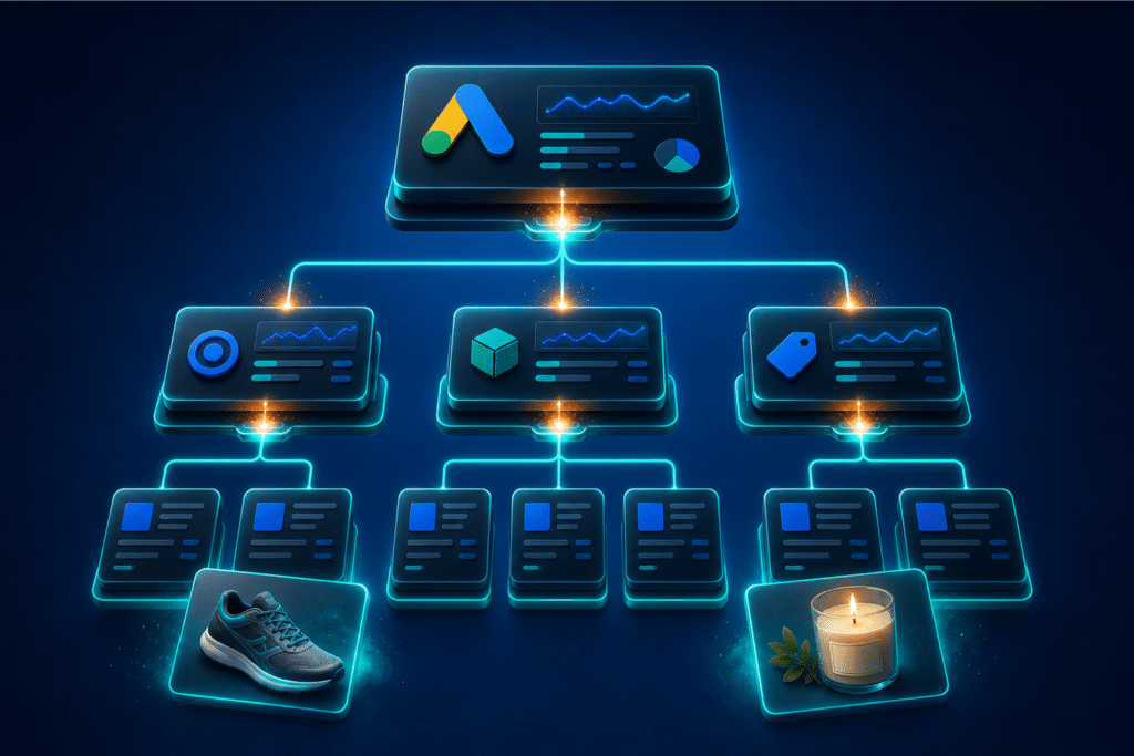Google Search Ads campaign structure — three-tier account architecture with campaign, ad group, and product card panels connected by teal lines on a blue background