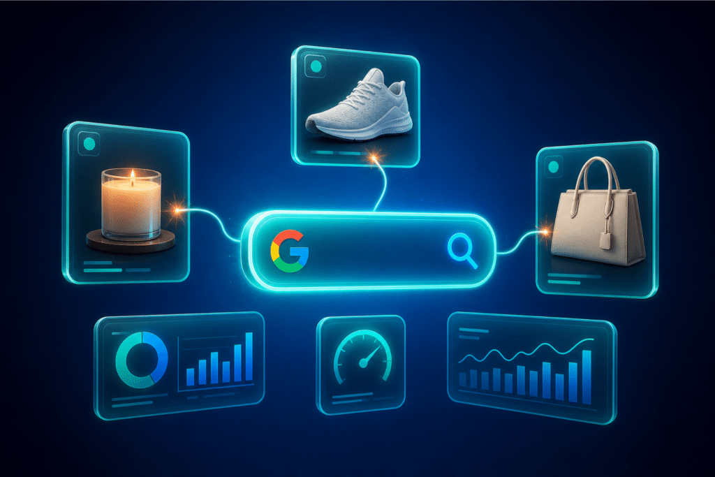 Google Search Ads for ecommerce — glowing search bar connected to product cards for a shoe, candle, and handbag with teal lines on a blue background