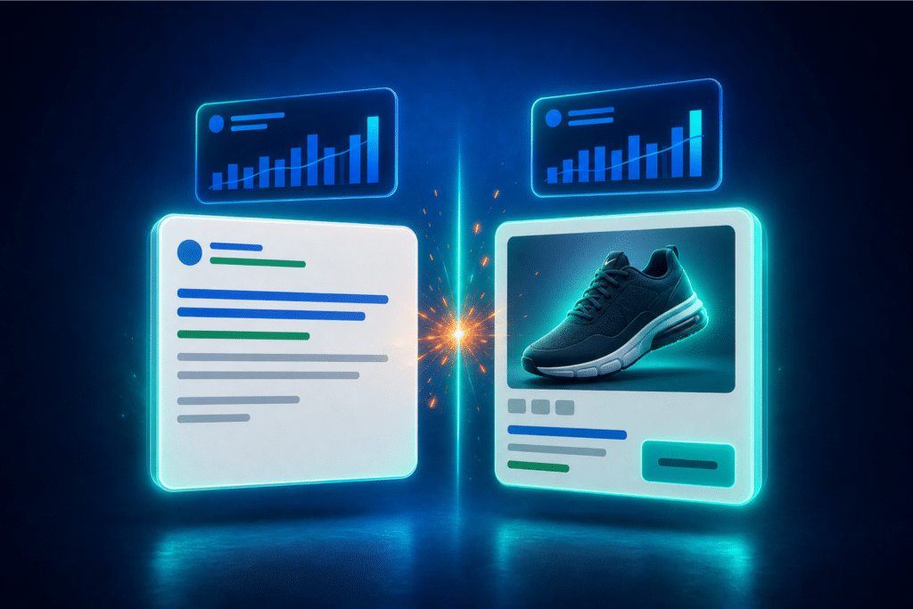 Google Search Ads vs Shopping Ads — text search ad card and shoe product Shopping ad card with teal glow and performance panels on a blue background