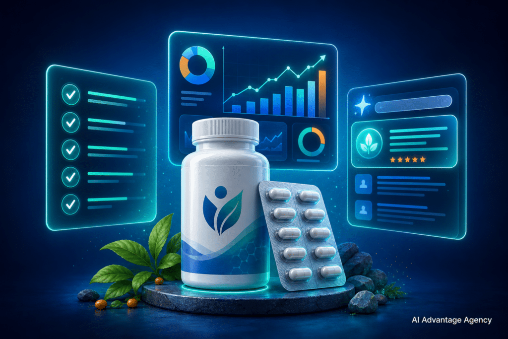 Supplements ecommerce marketing — supplement bottle and capsule pack with glowing compliance, paid media, and AEO content panels on a medium blue background