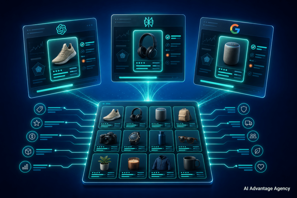 Shopify product recommendations — three AI interface panels evaluating glowing product cards connected to a Shopify product grid