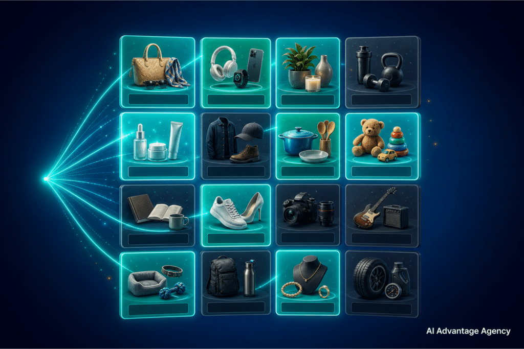 Shopify collection pages — AI search beam scanning a grid of collection page tiles, some glowing teal and some dim, on a medium blue background