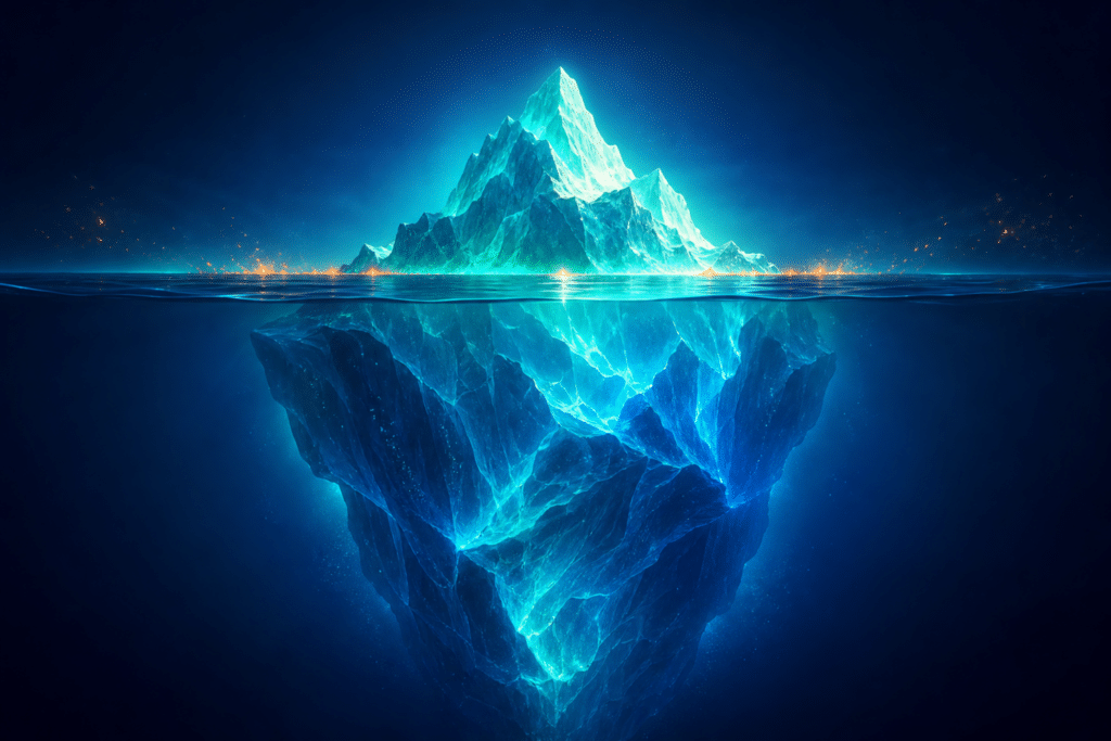 Agentic commerce revenue attribution — a glowing teal iceberg with a small visible tip above the waterline and a larger submerged mass below representing the GA4 attribution gap that misses most agentic revenue