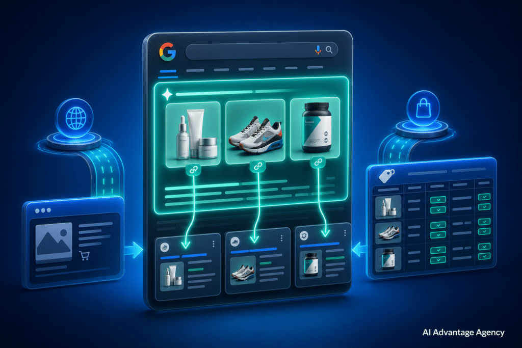 Rank in Google AI Overviews — glowing search panel with ecommerce product cards cited in an AI Overview banner, Merchant Center feed panel on right, teal citation arrows on medium blue background