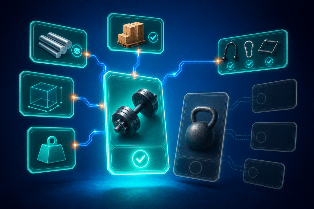 Product descriptions for AI agents — complete product card with glowing structured attribute panels versus an incomplete product card on a medium blue background