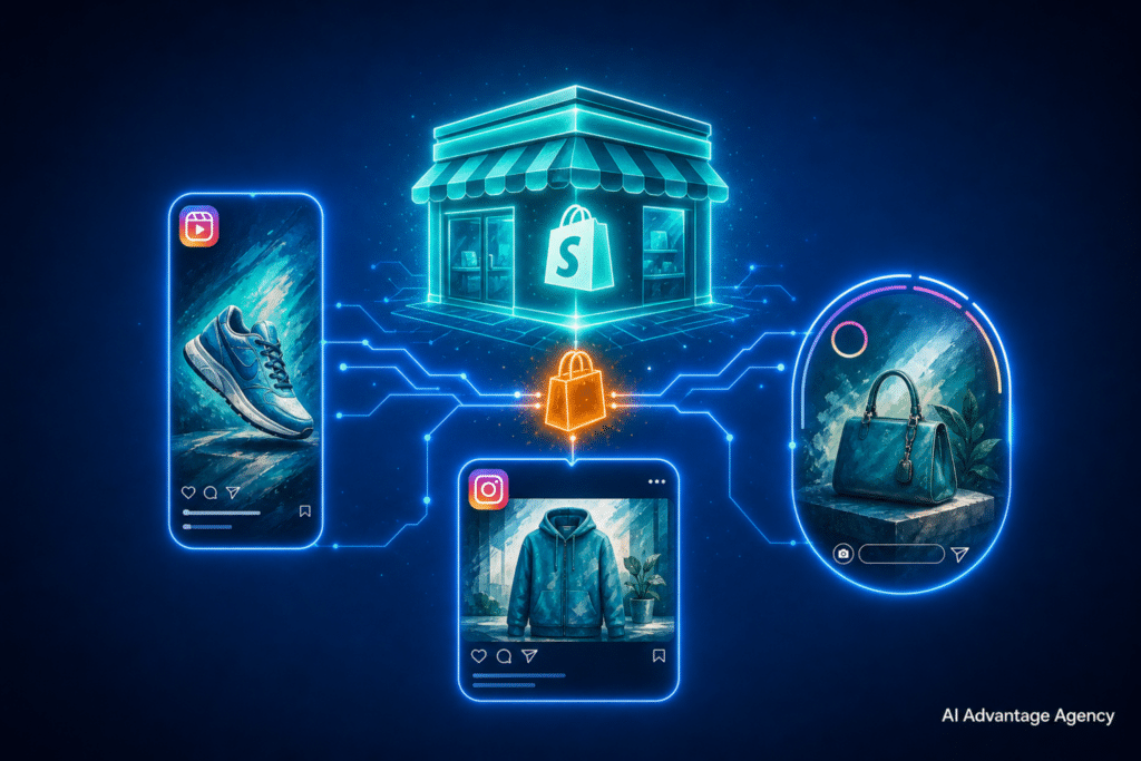 Instagram ads for Shopify — glowing Shopify storefront connected to Reels, Feed, and Stories ad format icons by data lines on a medium blue background
