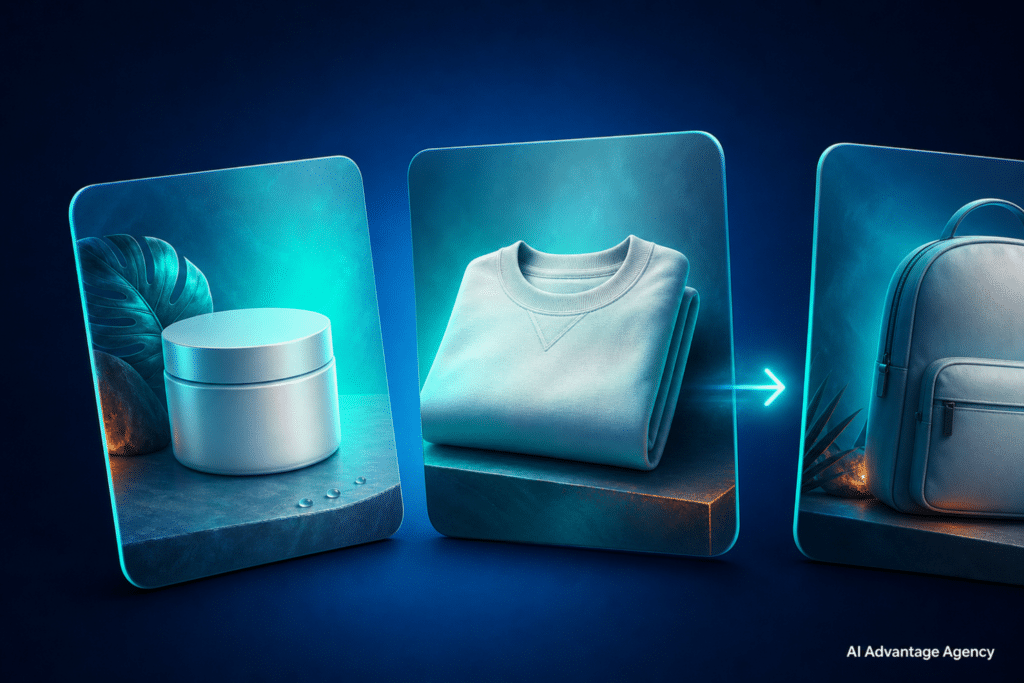 Instagram carousel ads — three product cards in a swipe sequence with a glowing teal arrow on a medium blue background