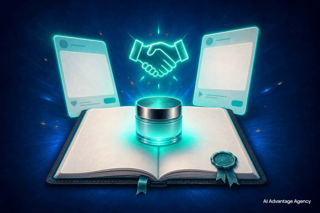 Instagram partnership ads — blank partnership document with ecommerce product and glowing handshake icon flanked by ad creative cards on a medium blue background