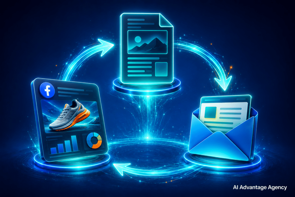 Integrated ecommerce growth system — circular flywheel of glowing paid media ad card, AEO content page, and email envelope with teal energy flowing between them on a medium blue background
