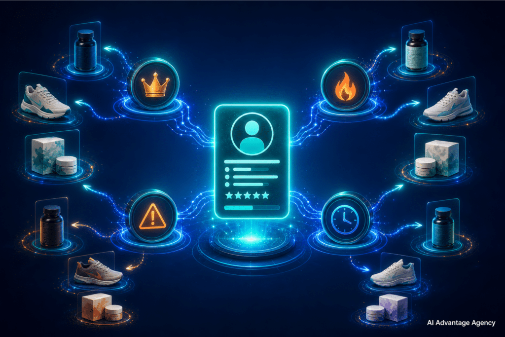 Klaviyo segmentation — glowing customer profile card branching into RFM segment groups connected by data lines on a medium blue background