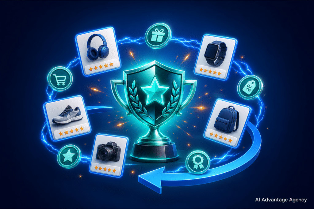 Loyalty programs for ecommerce — a glowing trophy surrounded by reward tokens, product cards, and arc lines representing a customer loyalty program that drives repeat purchase for online stores