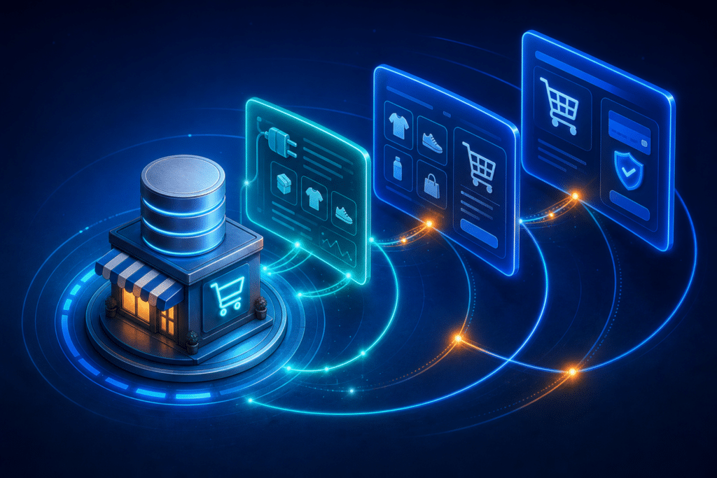 MCP for ecommerce — store catalog connected to MCP, UCP, and ACP protocol layers in a three-tier stack on a medium blue background