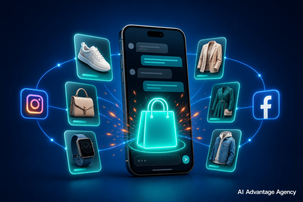 Meta AI for ecommerce — a glowing smartphone with floating product recommendation cards and shopping bag connected to social app icons representing Meta AI's Muse Spark Shopping Mode for ecommerce brands