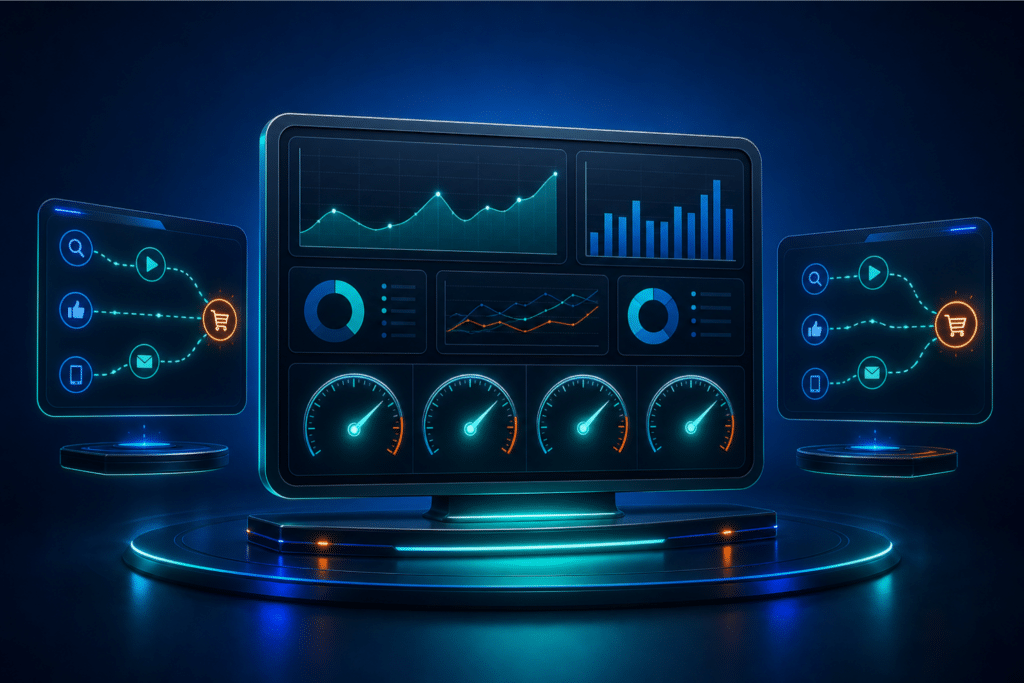 Microsoft Ads attribution — performance dashboard with ROAS gauges and attribution path diagrams on a medium blue gradient background