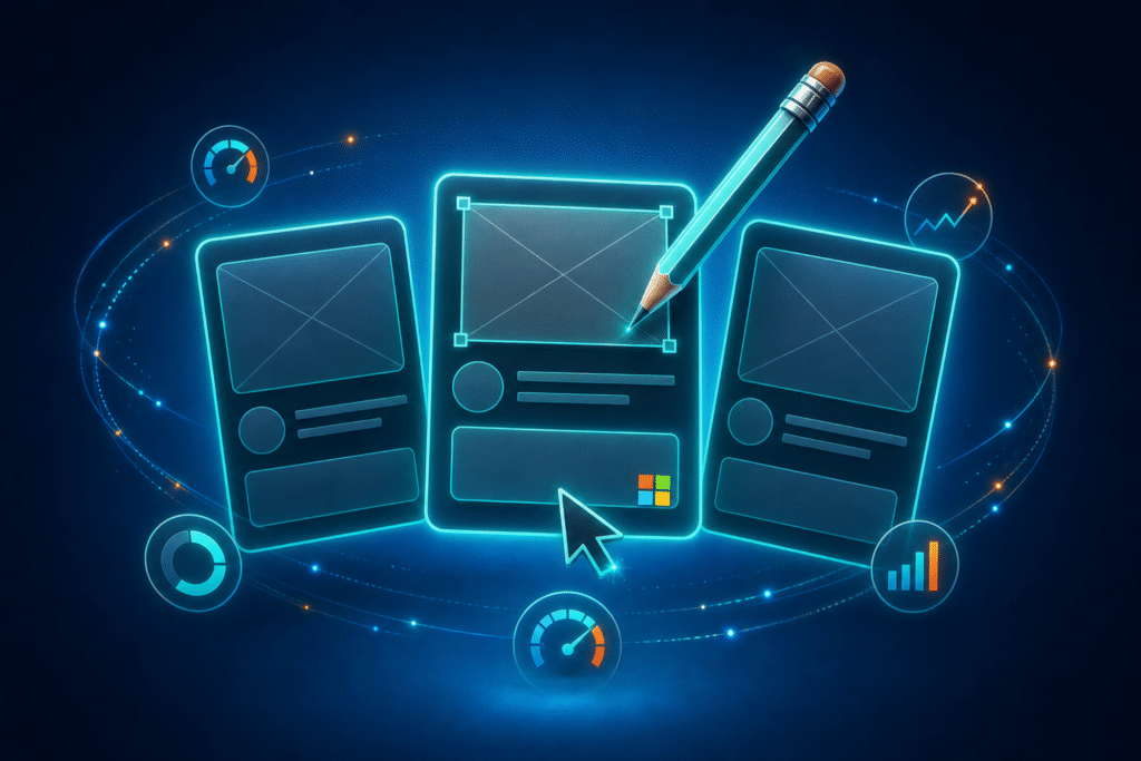 Microsoft Ads creative strategy — three glowing ad cards with a pencil and cursor tool on a medium blue gradient background