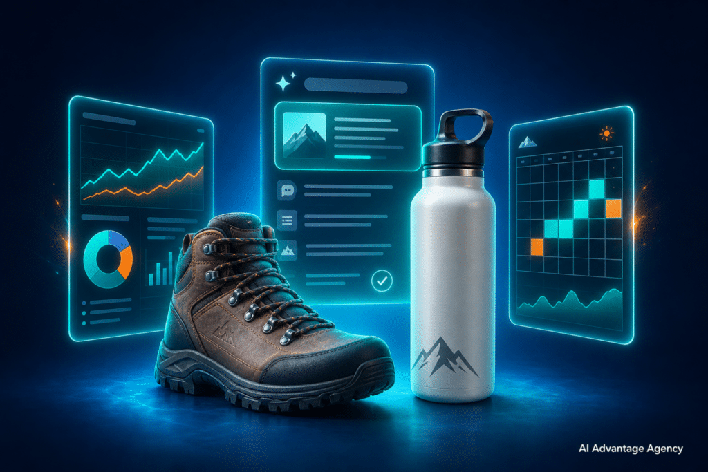 Outdoor ecommerce marketing — hiking boot and water bottle with glowing paid media, AEO content, and seasonal campaign panels on a medium blue background