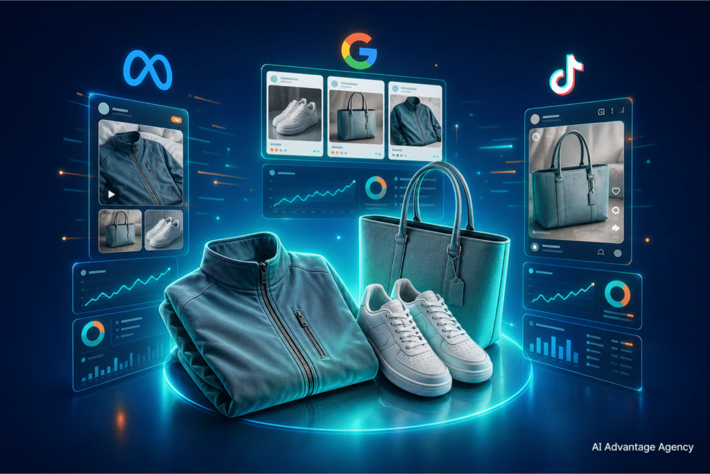 Paid media for apparel ecommerce — glowing jacket, sneakers, and tote bag with floating Meta, Google, and TikTok ad panels on a medium blue background
