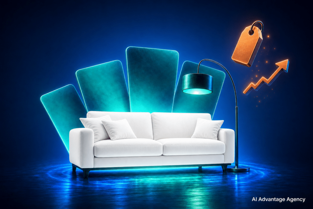 Paid media for high-AOV ecommerce — sofa and floor lamp with fanned ad creative cards and teal glow on a medium blue background