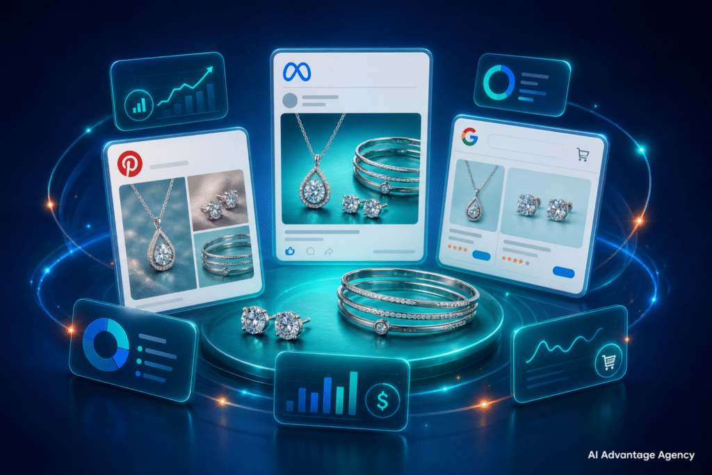 Paid media for jewelry ecommerce — glowing necklace, earrings, and bracelets with floating Pinterest, Meta, and Google Shopping ad panels on a medium blue background