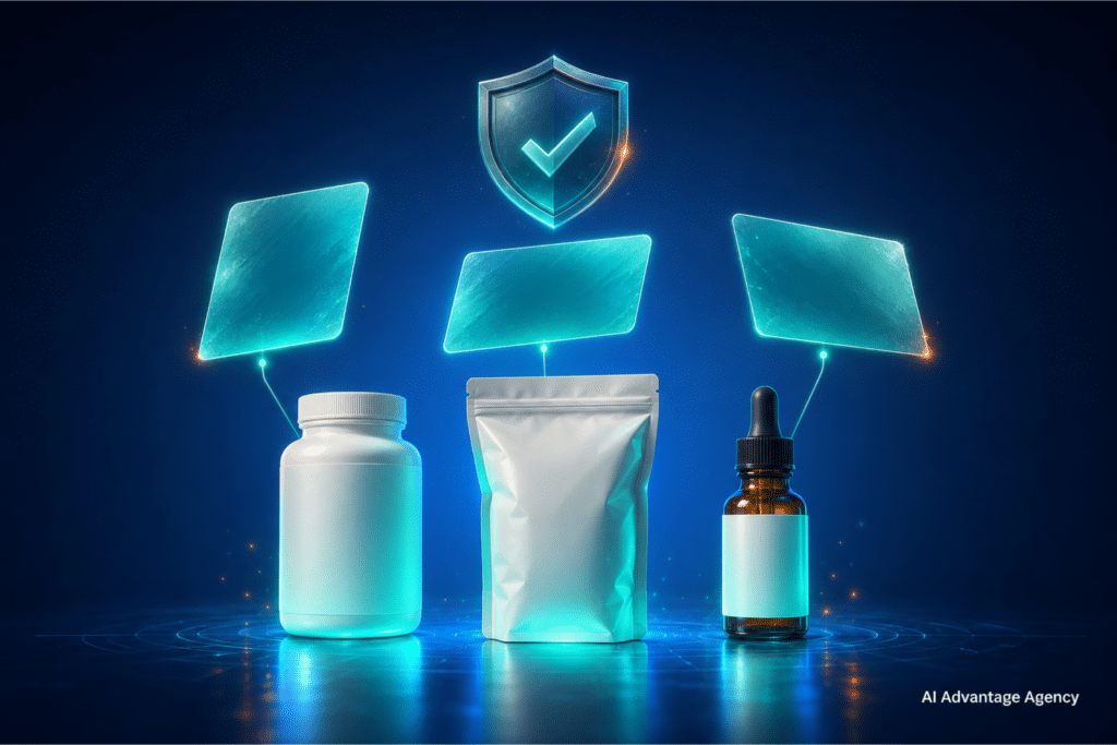 Paid media for regulated products — supplement bottle, food packaging, and CBD tincture with glowing ad creative cards on a medium blue background
