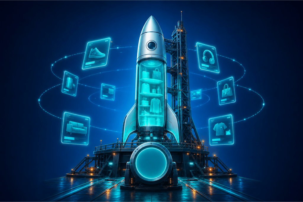 Product launch ads — a rocket-shaped ecommerce storefront on a launch pad surrounded by glowing ad platform cards in orbital rings on a medium blue background